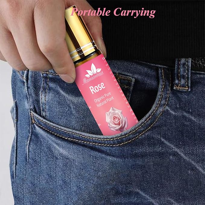 Rose Essential Oil Roll On, Mumianhua Diluted Rose Oil Touch Essential Oil, Aromatherapy Roller Oil for Skin, Body, Hair, Women,Men,Relaxation, Mood Balance, Massage 0.33 Fl Oz - Bloomnest