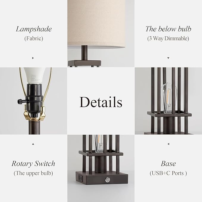 29.5" Table Lamps for Living Room Set of 2, Farmhouse Table Lamps with USB C+A Ports, Touch Control Bedside Lamps with Oil Rubbed Bronze Finish, Bulbs Included - Bloomnest