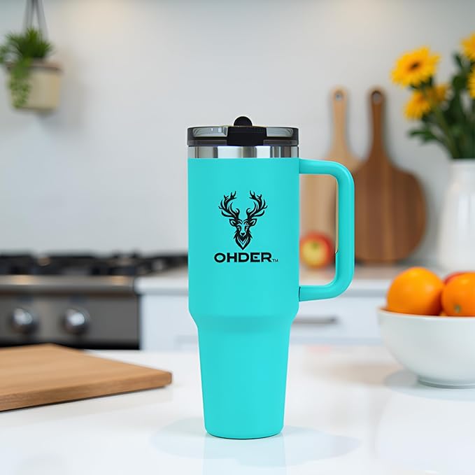 40 oz Tumbler with Handle and Straw | Vacuum Insulated Double Wall Stainless Steel Travel Mug | Leakproof, Hot and Cold | Cup Holder Friendly Base (Teal) - Bloomnest