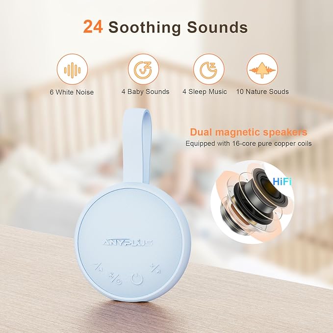 White Noise Sound Machine, Portable Sound Machine for Sleeping Adults & Baby, with Bluetooth 5.1/24 Soothing Sounds/Battery Powered/3 Timer Memory Function for Office/Bedroom/Travel(Blue)