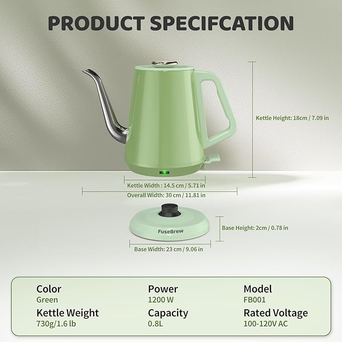 Gooseneck Electric Kettle(0.8L),1200 Watts Fast Boiling,Stainless Steel BPA Free,Automatic Shut Off,Pour Over Kettle for Small Kitchen,RV,Trip,Coffee & Tea- Green - Bloomnest