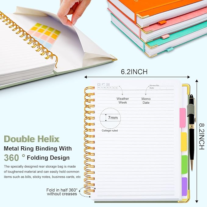 Hardcover Spiral Notebook 5.7"x 8.2" Journal Notebook with Tabs and Removable Dividers 300 Pages 5 Subject Notebook College Ruled, Faux Leather Spiral Bound Notebook for Women School Work (Sage Green) - Bloomnest