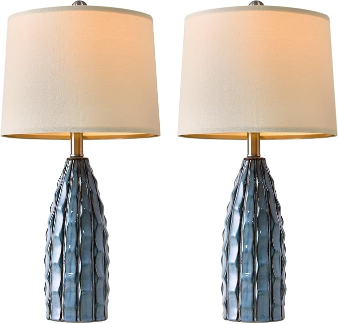 Ceramic Table Lamps Set of 2, 23.75" Modern Farmhouse Bedside Lamp - Blue Nightstand Lamps for Bedroom, Boho Living Room End Tables, Small Office Desk Lamp Decor - Bloomnest
