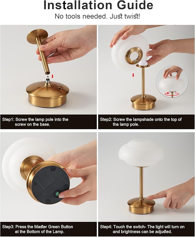 9" Mini Cordless Table Lamp with Cloud-Shaped, Small Rechargeable Battery Operated Lamps, 3-Way Touch Dimmer, Portable Brass Bedside Night Light for Restaurant Dining Kitchen Bathroom Patio Side Table - Bloomnest