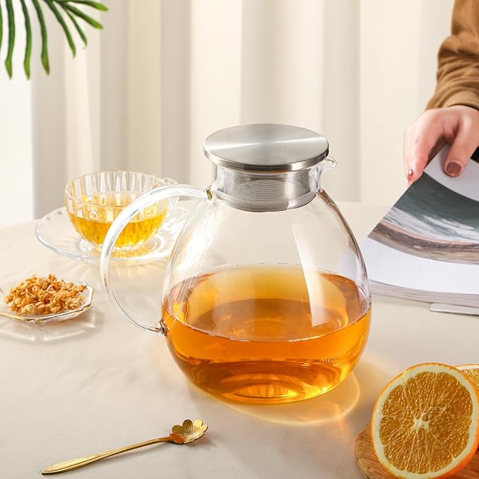 68OZ/2000ML One Touch Glass Teapot with Stainless Steel Filter Lid, Stovetop & Microwave Safe Tea Maker Water Kettle, Strainer & Cover 2 in 1 Loose Leaf Tea Steeper Pot Coffee Carafe - Bloomnest