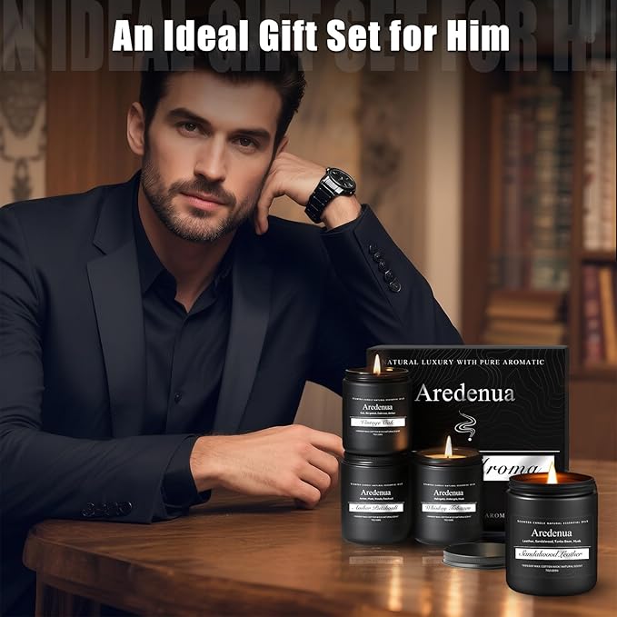 Mens Candle Set โ Manly Candles for Men, 4 Pack Soy Candles for Home Scented, Masculine Candle Gift Set - Includes Sandalwood Leather, Whiskey Tobacco, Amber Patchouli & Vintage Oak - Bloomnest