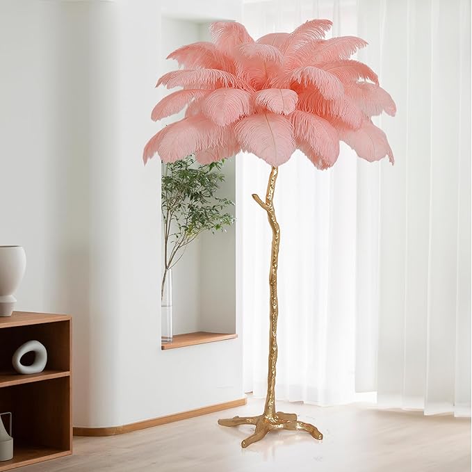 MAYOLA Luxury Resin Ostrich Feather Lamp, 35 Pieces Real Ostrich Feathers,Floor Light for Living Room, Bedroom and Office 67” Tall Feather Lamp(Pink, Floor Lamp) - Bloomnest