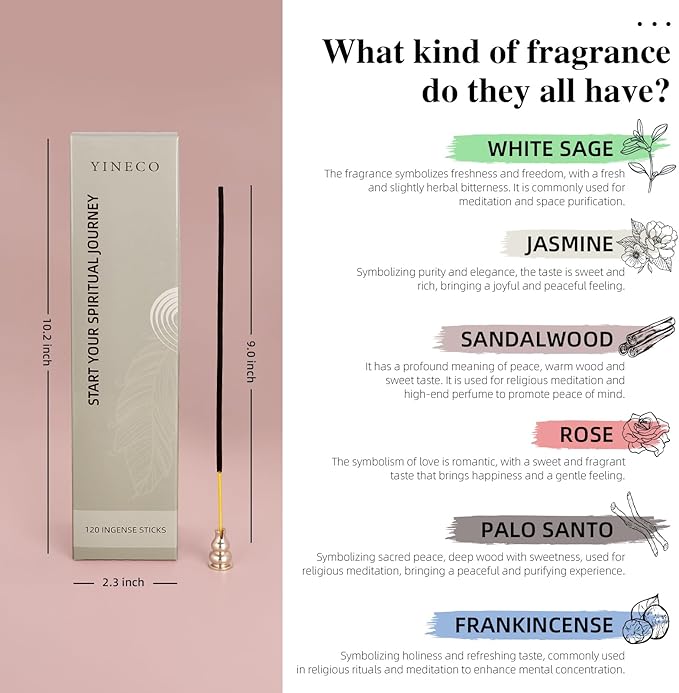 Incense Sticks Set of 120-6 Scents (White Sage, Sandalwood, Jasmine, Lavender, Dragon's Blood & Yoga) for Positive Aura, Relaxation & Meditation, Boho Gift Set, Magic Hour YINECO