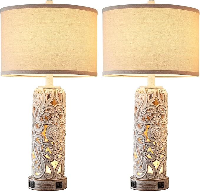 Set of 2 Rustic Farmhouse Table Lamps for Living Room Bedroom, Vintage Bedside Lamp with Dual USB Port, Antique White Resin Retro Nightstand Lamps with Night Light - Bloomnest