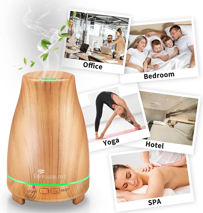 Diffuserlove Essential Oil Diffusers 200ML Diffuser Remote Control Aromatherapy Diffuser with 7 Color Lights, Auto Shut-Off for Bedroom Office Kitchen (Yellow Wood Grain) Diffuserlove
