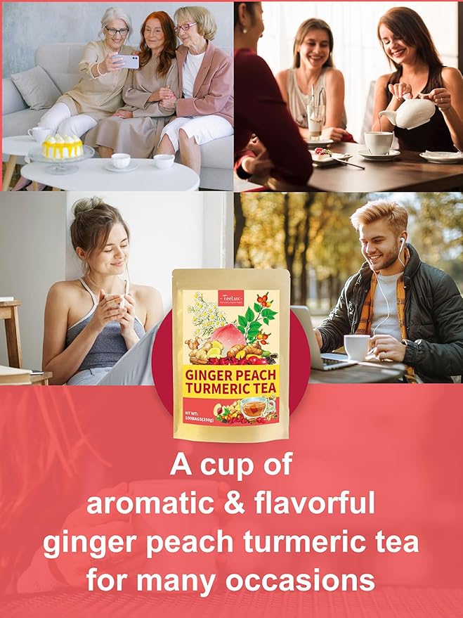 TeeLux Ginger Peach Turmeric Tea Bags, Warm Ginger with Tart Hibiscus & Soothing Chamomile, Tart & Sweet Flavor, Caffeine Free, 100 Count - Bloomnest