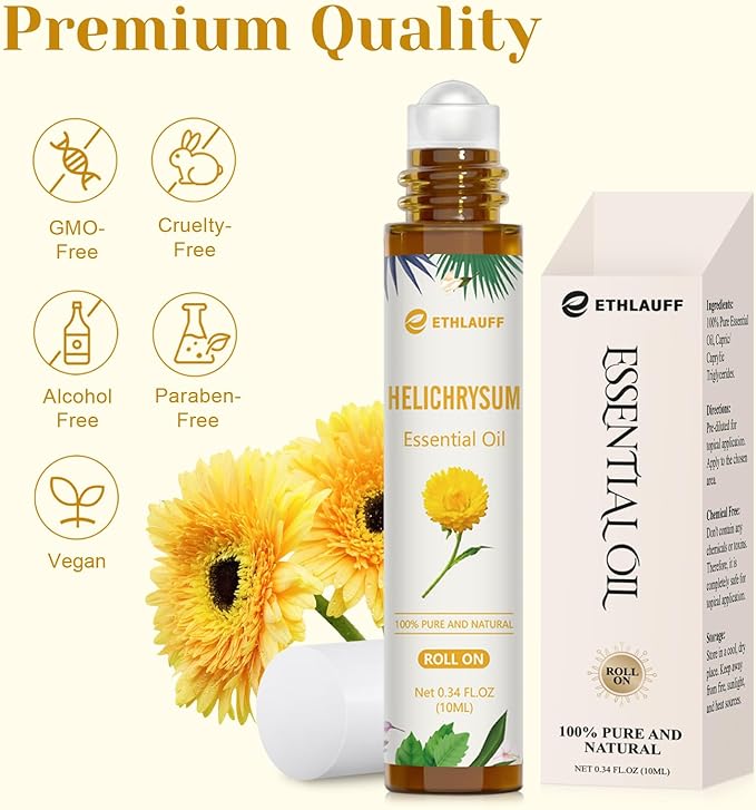 Helichrysum Essential Oil Roll On, 100% Pure Aromatherapy for Skin Vitality & Anti-Aging,Aromatherapy, Skin Care, Happy, Stress Relief - Bloomnest