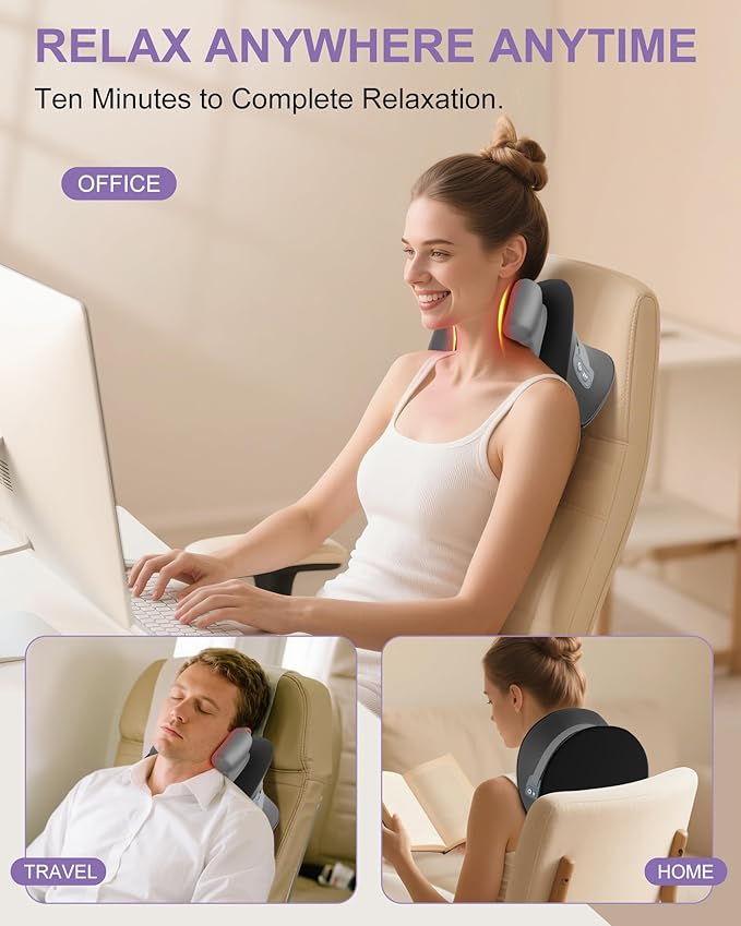 Shiatsu Neck Massager with Heat, Electric Deep Tissue Kneading Massage Pillow with 10-Minute Timer for Full Body Muscle Pain Relief, Cordless Portable Cervical Traction Device (Black)