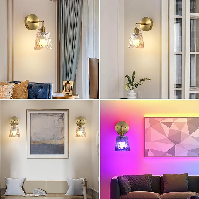 2 Pack Vintage Battery Operated Wall Sconces with Amber Glass Shade, Wireless Rechargeable RGB Wall Light, Remote Control & 180 Degree Adjustable, for Bedroom Living Room Hallway Aisle - Bloomnest