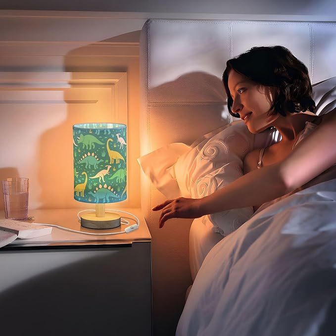 Table Lamp Cartoon Dinosaurs Grass Pattern Nightstand Lamp with Wood Base Fabric Lamp Shade Bedside Desk Lamp for Living Room Bedroom Kids Room Office - Bloomnest