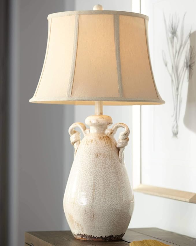 Regency Hill Isabella Rustic Country Cottage Table Lamps 29" Tall Set of 2 Crackled Ivory Glaze Ceramic Handles Jar Beige Bell Shade for Bedroom Living Room House Bedside Nightstand Office - Bloomnest