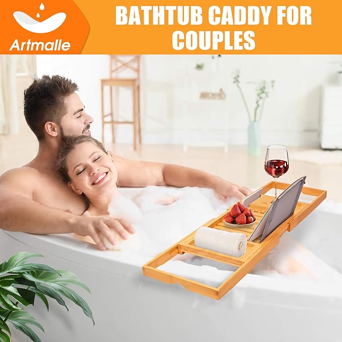 Artmalle Luxury Bathtub Caddy Tray for Tub - Foldable Bamboo Bath Table Tray with Book and Wine Glass Holder, Expandable Bathroom Accessories for Spa or Reading Lite Style - Bloomnest