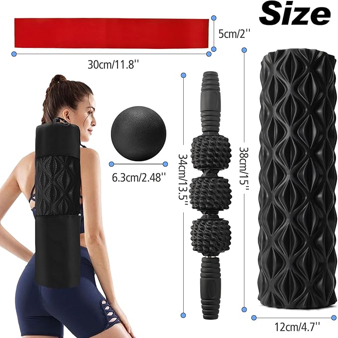5 in 1 Foam Roller Set Trigger Point Foam Roller, Massage Roller Stick, Massage Ball, Stretching Strap for Deep Muscle Massage Pilates Yoga, Fitness Exercise for Whole Body (Black Diamond) - Bloomnest