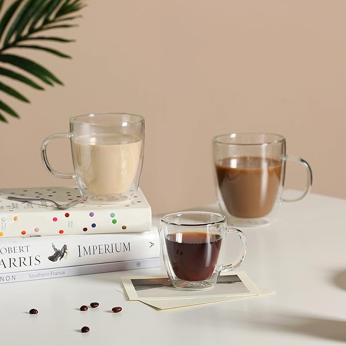 CNGLASS Double Wall Glass Coffee Mugs 12 oz,Insulated Glass Coffee Cups with Handle,Clear Espresso Mugs for Cappuccino,Latte,Tea Bags,Hot and Cold Beverages,Set of 2 - Bloomnest