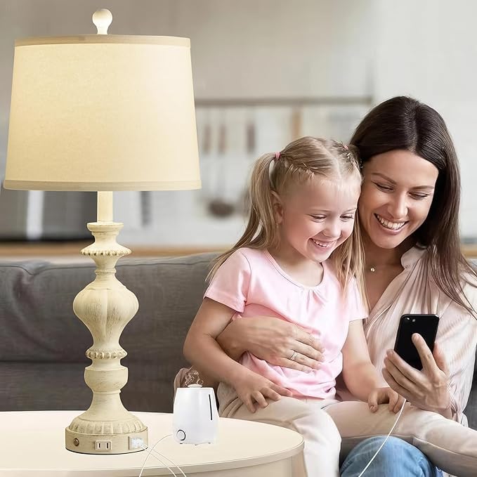 27.5" Farmhouse Table Lamps Set of 2 Bedside Nightstand Lamp with USB C+A Ports & AC Outlet, 3 Way Dimmable Touch Lamps for Bedroom Living Room Office Rustic Lamp (White Gold) - Bloomnest