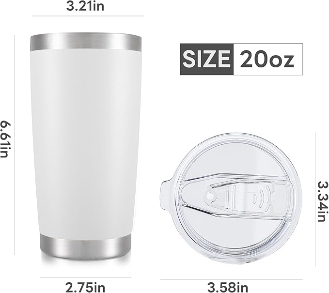 20 oz Tumbler with Lid Stainless Steel Insulated Tumblers Bulk Double Wall Vacuum Cups Powder Coated Travel Mug Keep Drinks Cold and Hot, White, 12 Pack