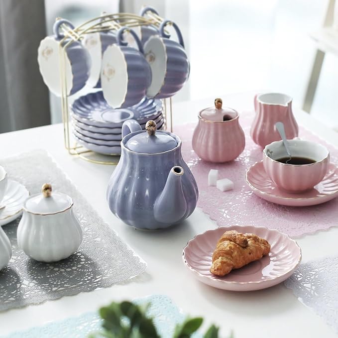 Sweejar Porcelain Tea Sets British Royal Series, 8 OZ Cups & Saucer Service for 6, with Teapot Sugar Bowl Cream Pitcher Teaspoons and Tea Strainer, Suitable for High Tea, Wedding, Party(Beige) - Bloomnest