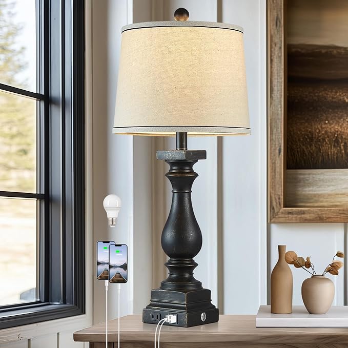 28" Tall Farmhouse Table Lamps with USB C+A Ports and AC Outlet, 3 Way Touch Control Rustic Bedside Lamps for Bedroom, Black Vintage Nightstand Lamps for Living Room Office - Bloomnest