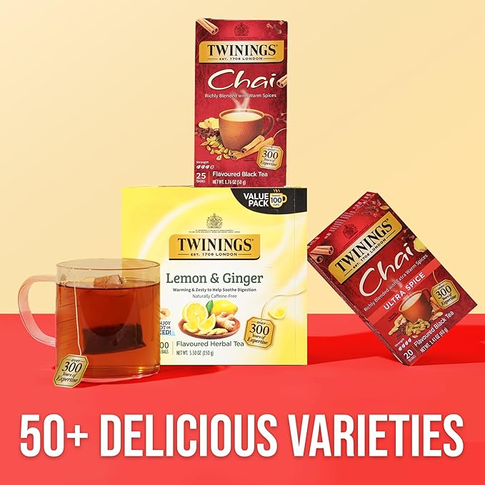 Twinings Chai Black Tea Individually Wrapped Bags, 25 Count (Pack of 6), Sweet, Savoury Spices, Caffeinated, Enjoy Hot or Iced, 150 Teabags - Bloomnest
