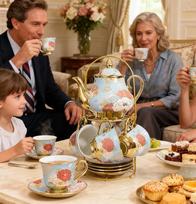 CHANJOON Gold Plated Red Rose Ceramic Tea Set, Vintage Tea Sets with Teapot, Beautiful Tea Set Coffee Serving 6 People (Green, X Large) - Bloomnest