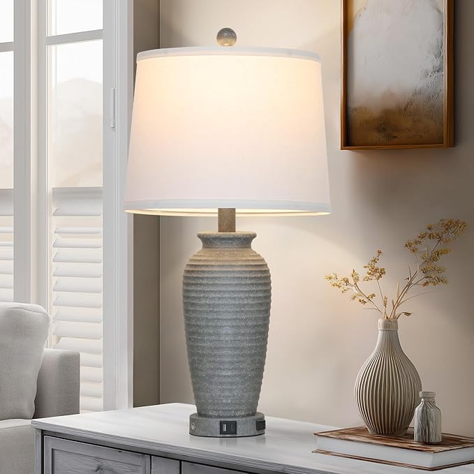 25" Grey Farmhouse Jar Table Lamps, 3 Way Touch Control Rustic Bedside Lamps with USB A+C Ports & AC Outlet, Pot Nightstand Lamps for Bedroom End Table (LED Bulbs Included) - Bloomnest