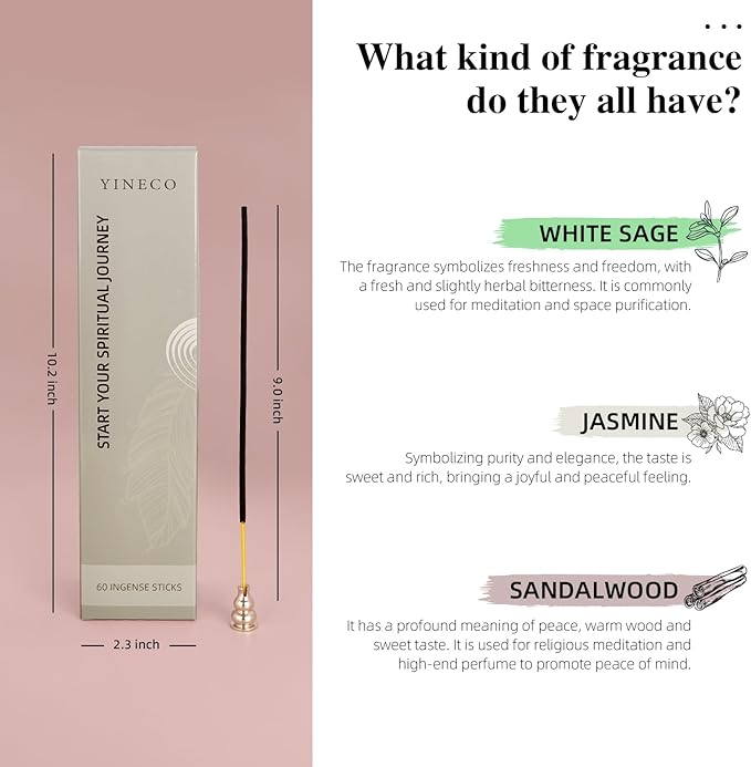 Incense Sticks Set of 60 - Organic Sandalwood, White Sage & Jasmine, Non-Toxic & Slow-Burning for Relaxation, Meditation & Sensory Therapy (Moon and Sun) YINECO