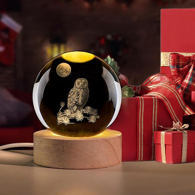 3D Laser Etched Owl Crystal Ball with LED Stand, Glass Owl Animal Figurine Lamp Night Light Gifts for Women Kids(2.4 in) - Bloomnest