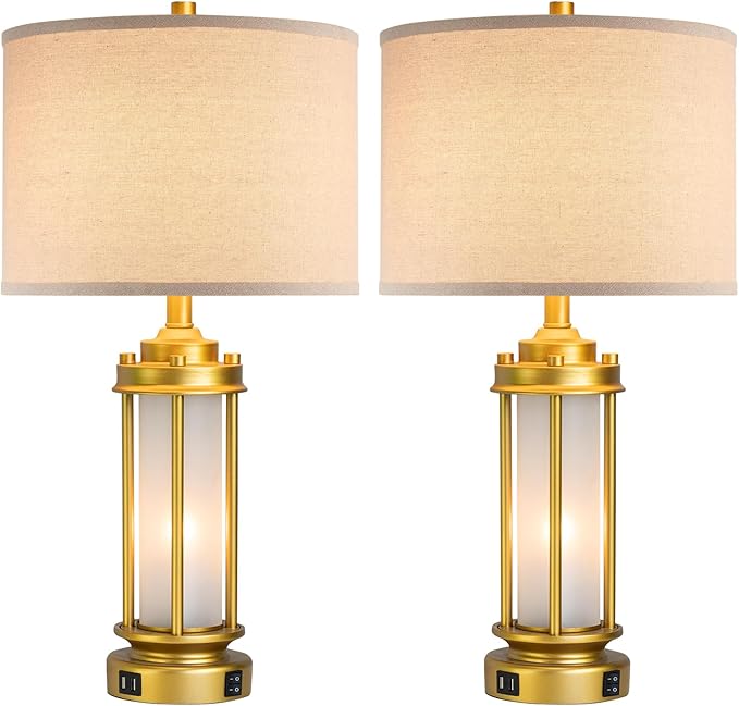 Set of 2 Modern Table Lamps for Living Room, Farmhouse Vintage Bedside Lamp with 2 USB Ports Glass Nightlight, Gold Nightstand Desk Lamps for Entryway Bedroom Dresser, 4 Bulbs Included - Bloomnest
