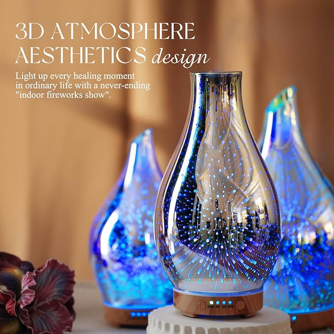 Porseme Essential Oil Diffuser 3D Glass Aromatherapy Ultrasonic Humidifier Cool Mist, Auto Shut-Off, Timer Setting, BPA Free for Home Office Hotel Yoga Gym Leisure SPA Gift 100ml Porseme