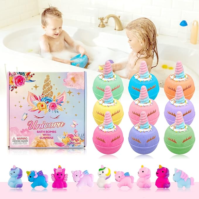 Unicorn Bath Bombs for Kids, 9 Large Kids Bath Salts with Squishy Toys Inside, Magic Unicorn Bath Balls with Surprise Inside for Girls… - Bloomnest