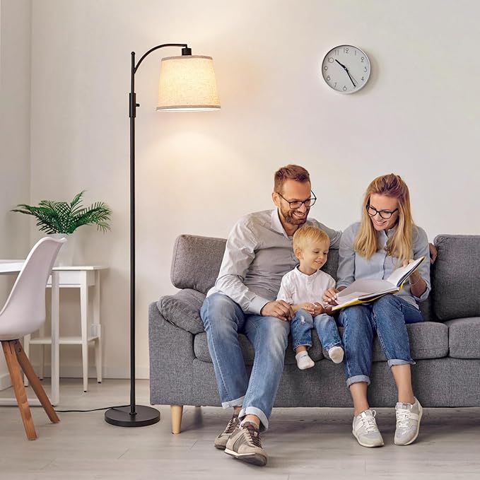 AIDENOEY Fully Dimmable Floor Lamp for Living Room,Standing Lamp Rotary Switch with Linen Beige Shade,Black Tall Lamps for Bedroom with Adjust Head,9W LED Bulb Included - Bloomnest