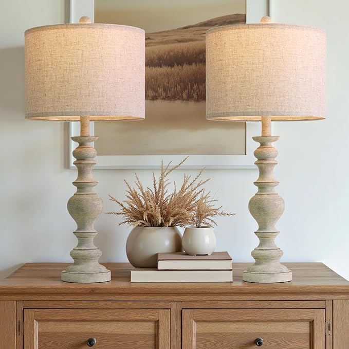 BOBOMOMO 27" Antique Gray Table Lamps Set of 2, Large Farmhouse Resin Lamps with Linen Shades, Vintage Gray Lamps for Living Room, Bedroom, or Console Table Rustic Traditional Décor - Bloomnest