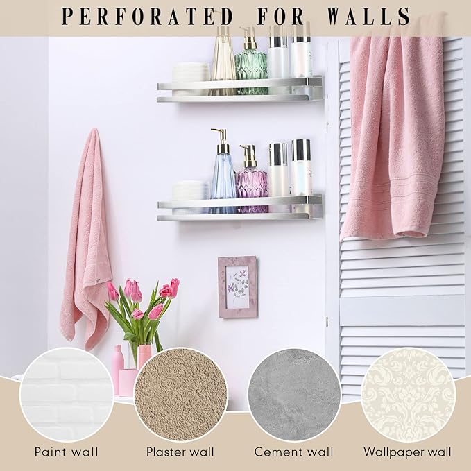 Lallisa 2 Pieces Stainless Steel Shelf Bathroom Shower Floating Shelves Wall Mounted Shower Caddy Basket Shelf Storage Organizer Shelves for Bathroom, Kitchen, Living Room (Silver,15.75 Inch/ 40 cm) - Bloomnest