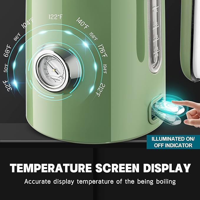 SUSTEAS Electric Kettle - 57oz Hot Tea Water Boiler with Thermometer, 1500W Fast Heating Stainless Steel Pot, Cordless LED Indicator, Auto Shut-Off & Boil Dry Protection, Retro Green - Bloomnest