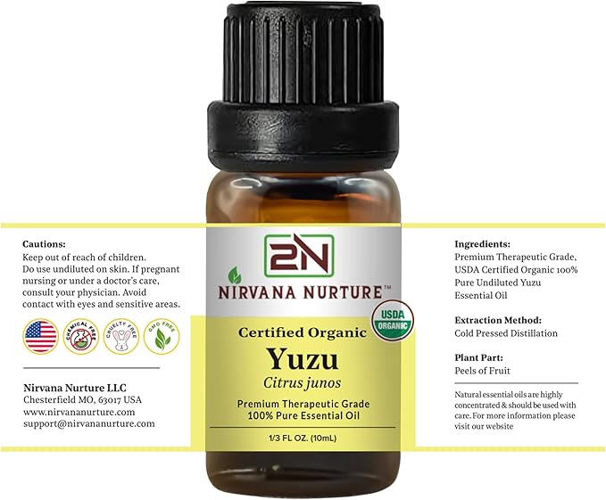 Yuzu Essential Oil, USDA Certified Organic, 100% Pure Undiluted, Aromatherapy Oil for Diffuser, Hair & Skin Care NirvanaNurture