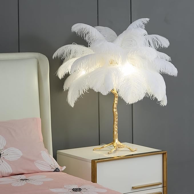 MAYOLA Modern Ostrich Feather Table Lamp with Plug in Wire,3-Light Bedside Floor Lamp for Living Room, Bedroom and Office 24” Tall Feather Desk Lamp (White, Table Lamp-Resin) - Bloomnest