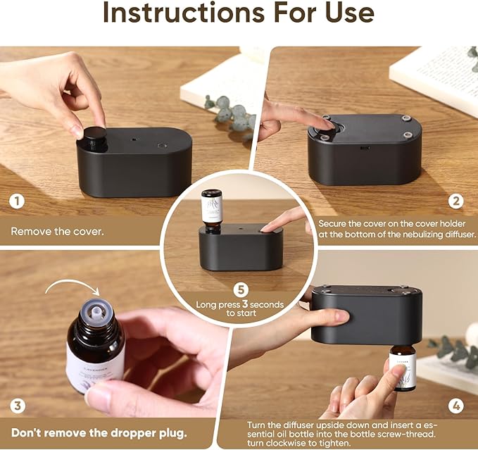 Waterless Essential Oil Diffuser, Mini Scent Air Machine, Aromatherapy Atomizing Diffuser, 3 Mist Modes, Cycle Start for Bedroom, Home, Office 160-700 sq. ft Scent Black - Bloomnest
