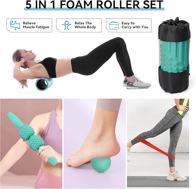 5 in 1 Foam Roller Set, High Density Fitness Exercise Foam Roller for Deep Tissue Muscle Massage, Massage Roller, Massage Ball, Resistance Band, for Whole Body(Tiffany Green) - Bloomnest