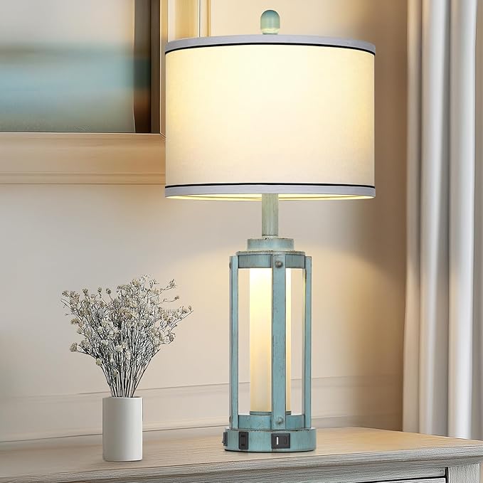 Industrial Farmhouse Table Lamp, 26" Vintage Rustic Beside Lamp with USB A+C Charging Ports & AC Outlet, Nightstand Metal Lamp with LED Night Light & Fabric Shade for Living Room Bedrooms Blue - Bloomnest