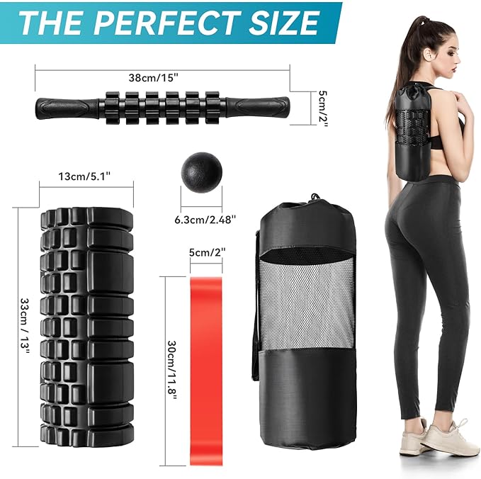 5 in1 Foam Roller Set for Deep Tissue Muscle Massage, High Density Fitness Exercise Foam Roller, Massage Roller, Massage Ball, Resistance Band, for Whole Body (Black) - Bloomnest