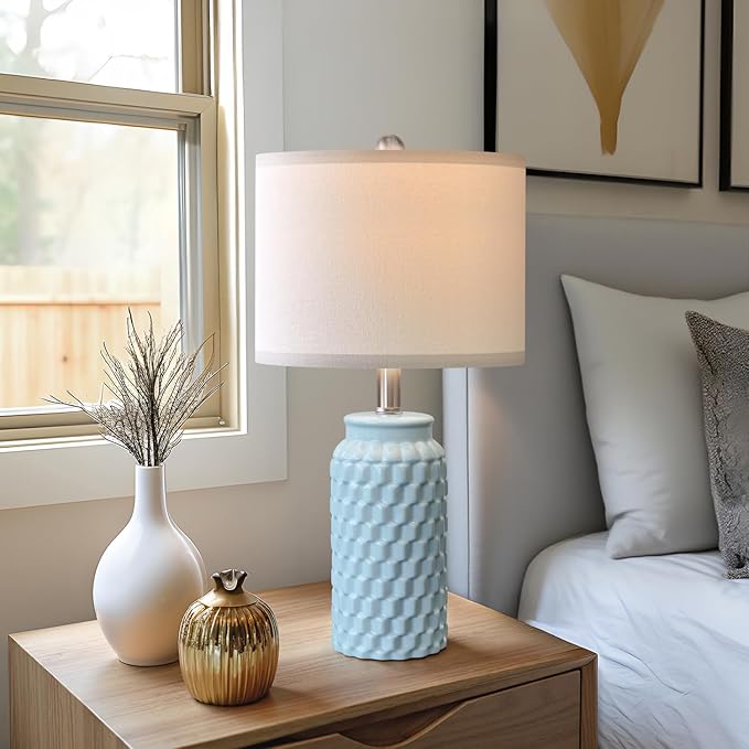 20.5" Light Blue Modern Ceramic Bedside Lamp Set of 2 for Bedroom Decor Farmhouse Table Lamp for Living Room Office Dorm - Bloomnest