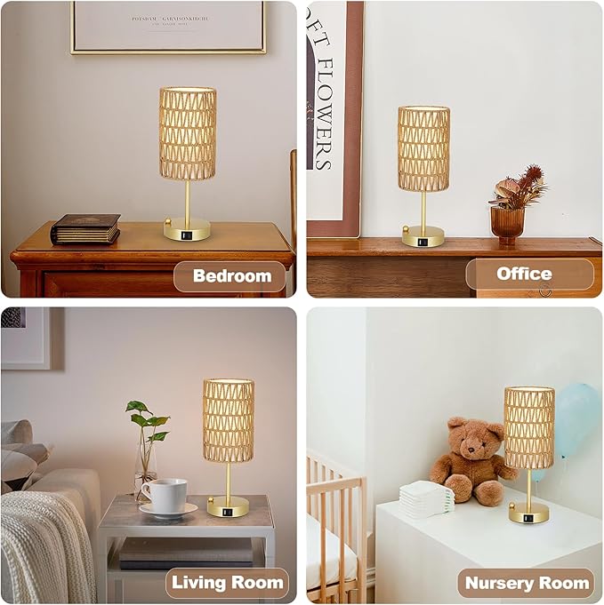 Gold Bedside Lamps Set of 2, Touch Control Night Stand Lamp for Bedroom with Rattan & Linen Shade & Bulbs, 3 Way Dimmable Small Boho Table Lamps with USB Charging Port & Phone Stand - Bloomnest
