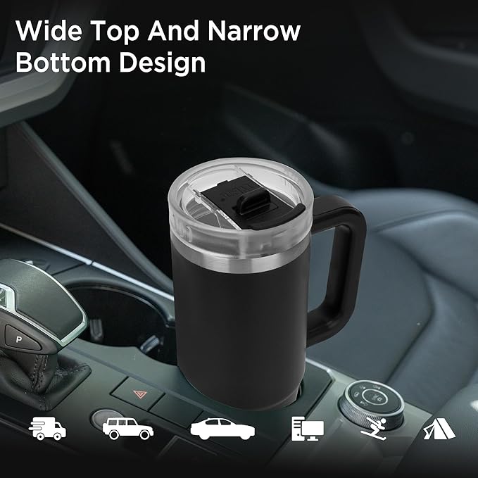 Tyeso 40 oz Tumbler with Handle, Straw and Lid - Leak Resistant Insulated Stainless Steel Water Bottle, Car Cup Holder Friendly Travel Coffee Mug Black - Gifts for Men & Women - Bloomnest