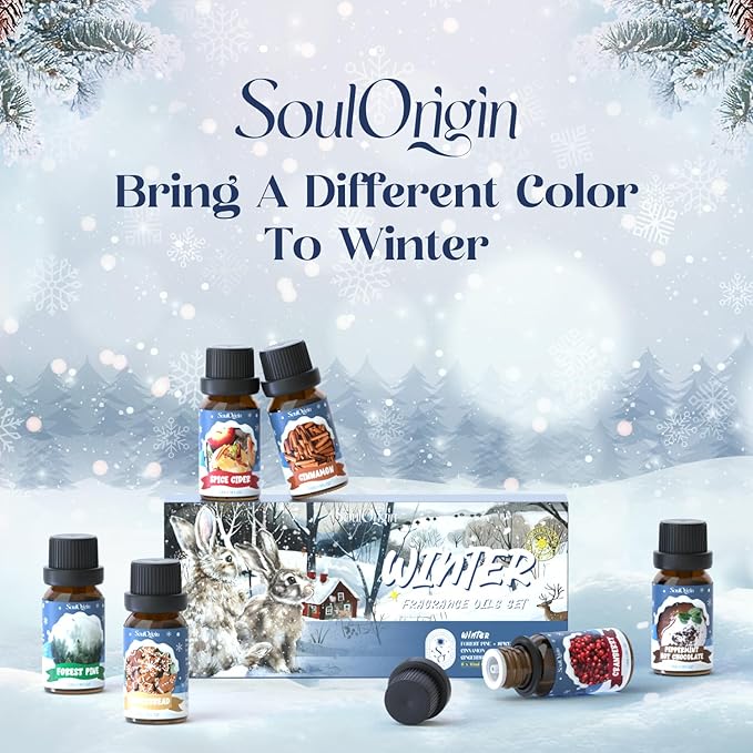 Winter Essential Oils Set, Fragrance Oil Gift Set for Oil Diffusers, Scented Oils for Soap 6x10ml - Forest Pine, Spiced Apple Cider, Cinnamon, Mint Hot Chocolate, Gingerbread, and Cranberry - Bloomnest