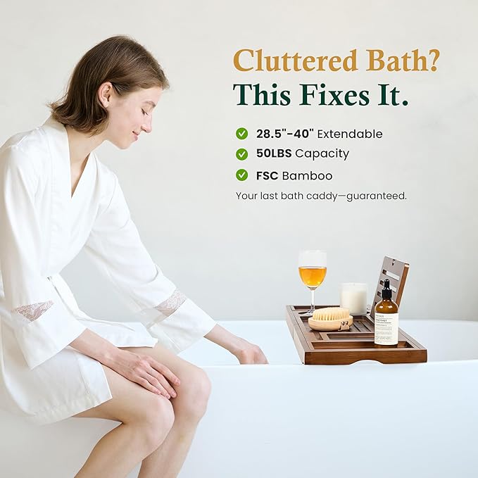 Bamboo Bathtub Tray, Bath Caddy with Wine Glass Holder, Phone Dock & Book Stand | Hands-Free Reading & Ultimate Spa Relaxation Experience-Brown - Bloomnest